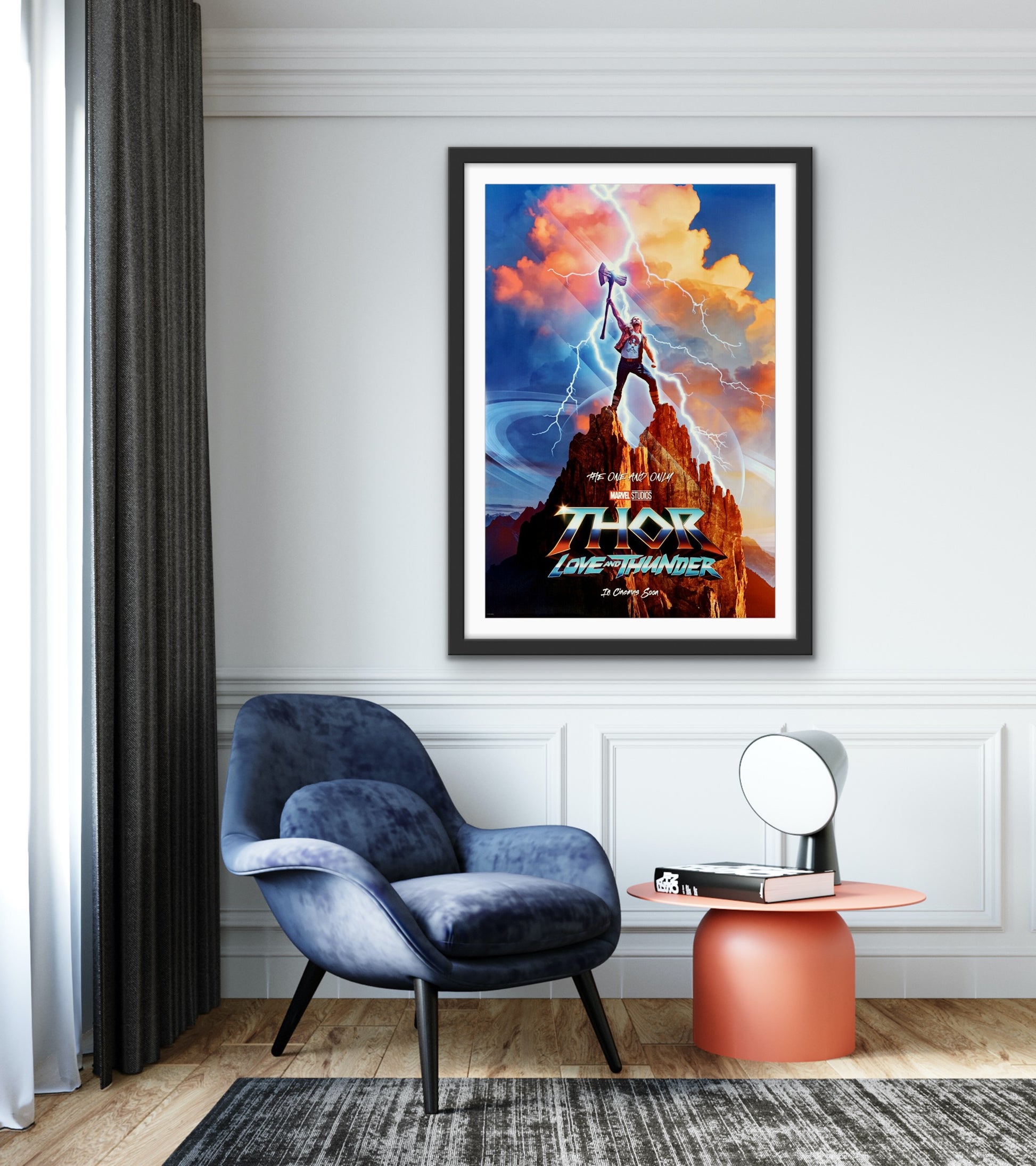 An original movie poster for the Marvel MCU film Thor Love and Thunder