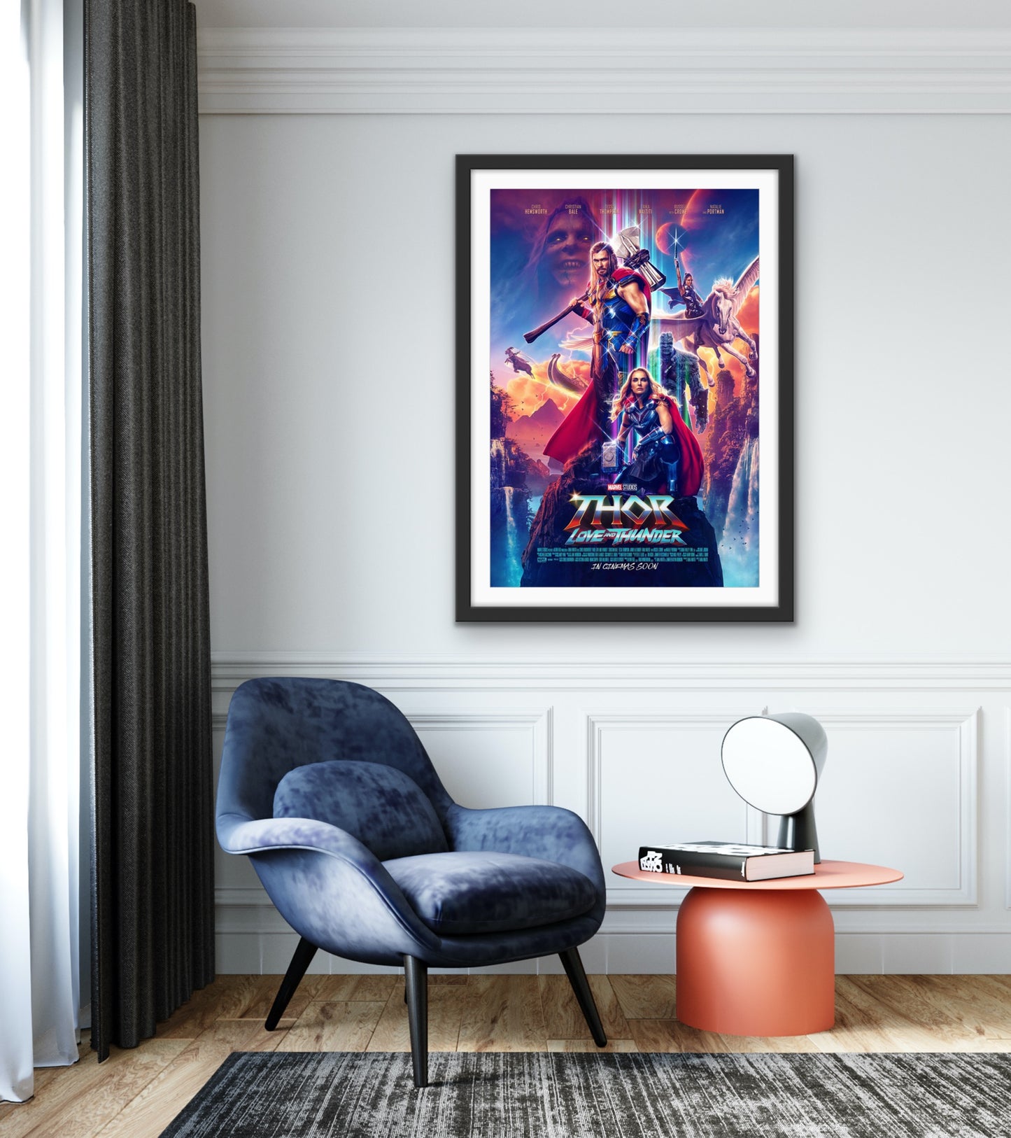 An original movie poster for the Marvel MCU film Thor Love and Thunder