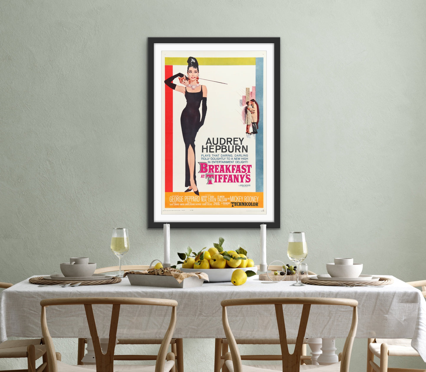 An original movie poster for the Audrey Hepburn film Breakfast At Tiffany's