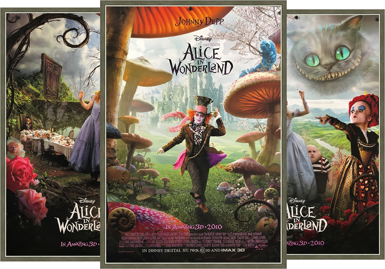 A triptych of movie posters for the film Alice In Wonderland