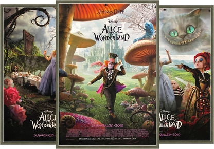 A triptych of movie posters for the film Alice In Wonderland
