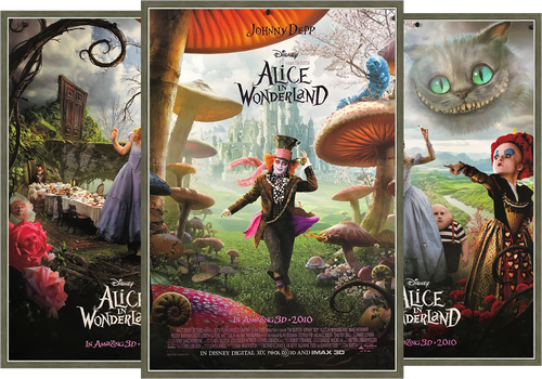 A triptych of movie posters for the film Alice In Wonderland