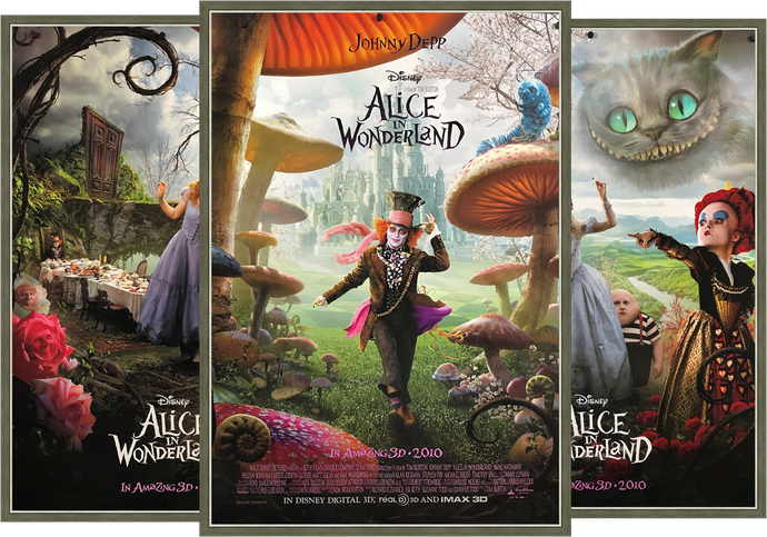 A triptych of movie posters for the film Alice In Wonderland