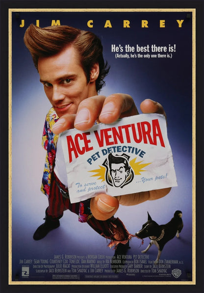 An original movie poster for the Jim Carrey film Ace Ventura: Pet Detective