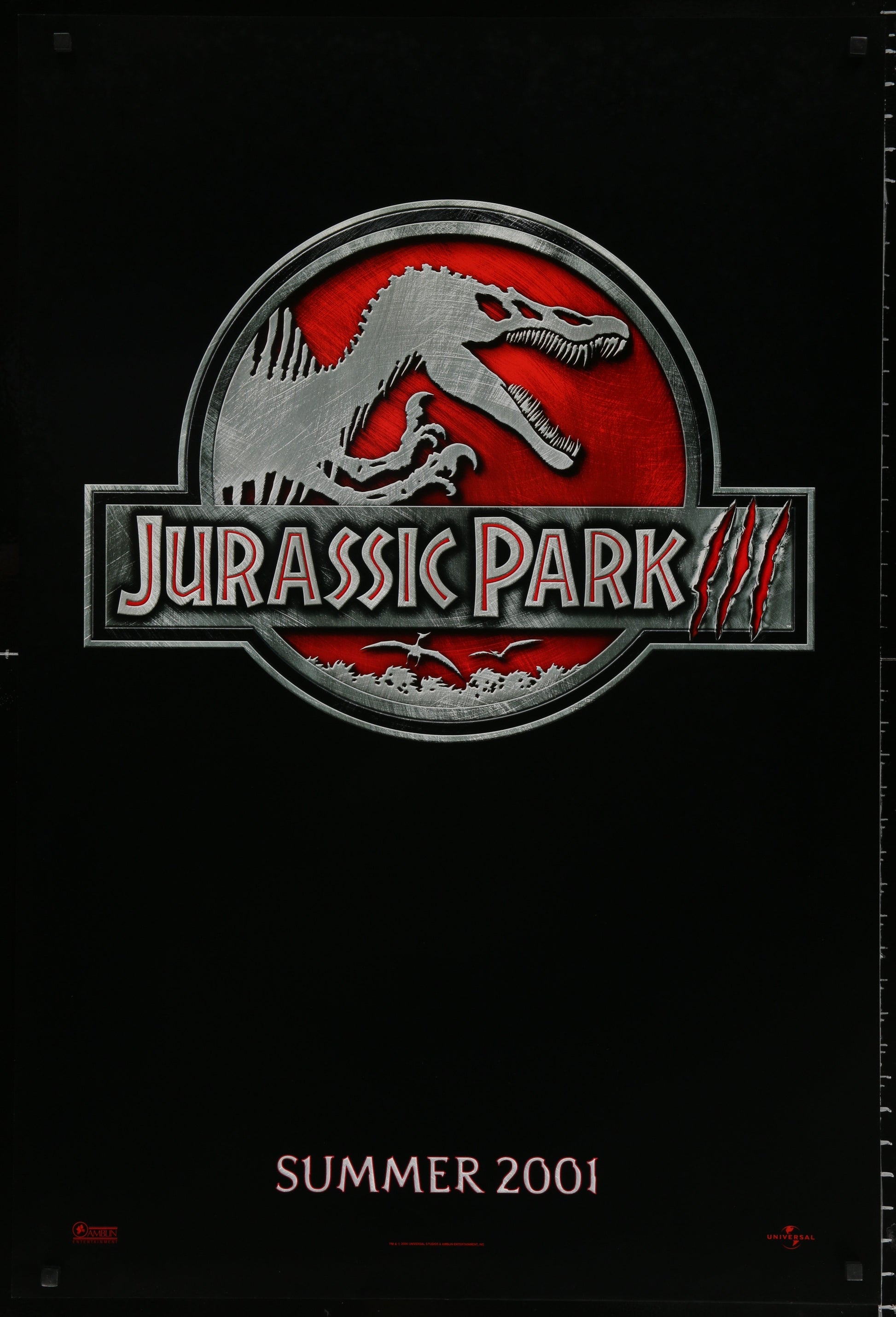 An original movie poster for the film Jurassic Park 3