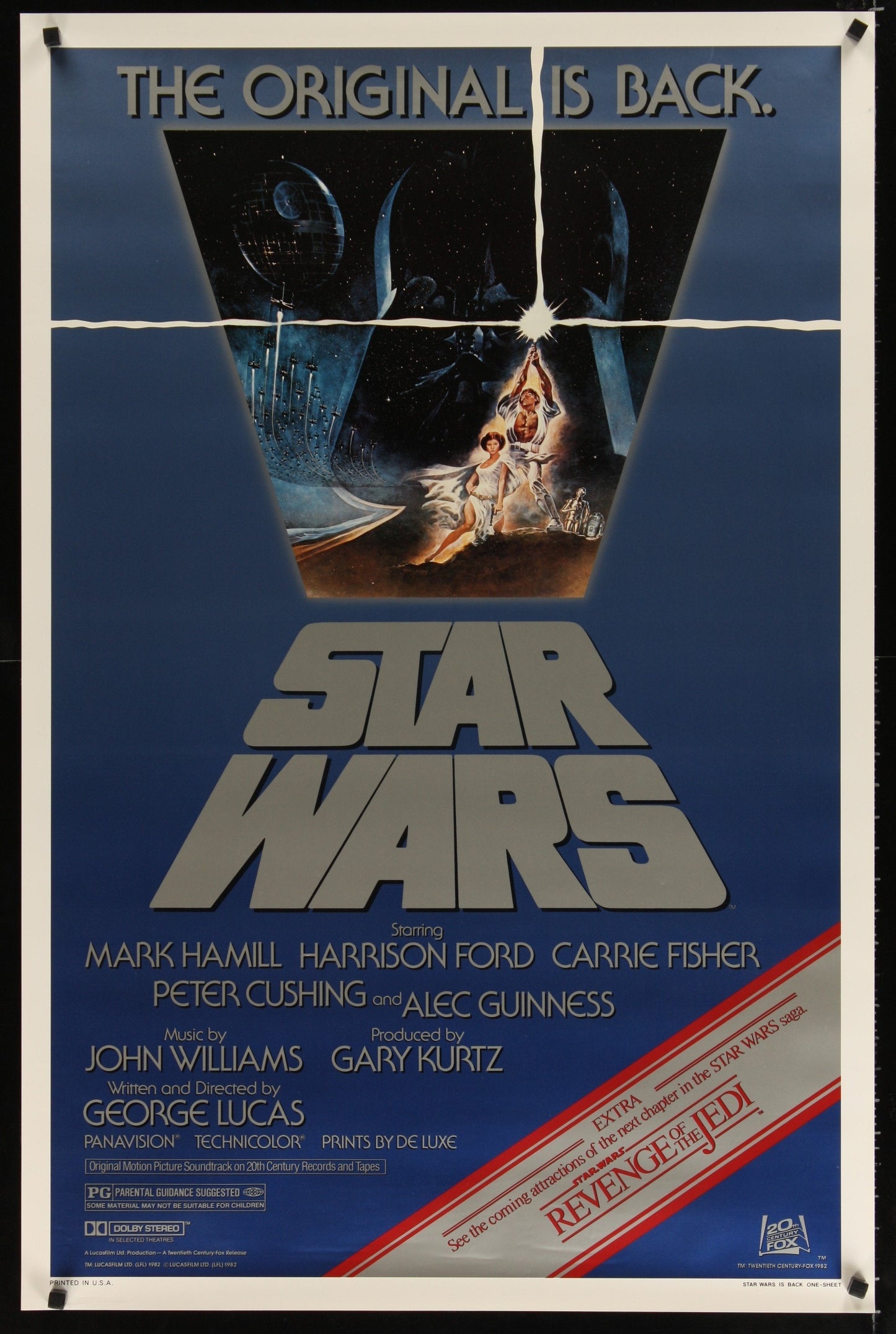 An original U.S. studio style 'revenge stripe' one sheet movie poster from 1982 for "Star Wars", now known as "Star Wars: Episode IV - A New Hope".