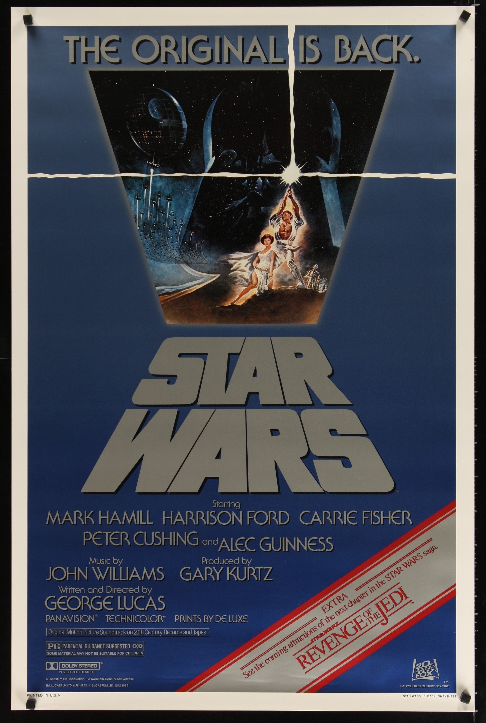 An original U.S. studio style 'revenge stripe' one sheet movie poster from 1982 for "Star Wars", now known as "Star Wars: Episode IV - A New Hope".